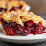 Delicious slice of homemade cherry pie with a flaky crust and cherry filling.