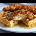 Delicious chicken and waffles served with syrup and butter