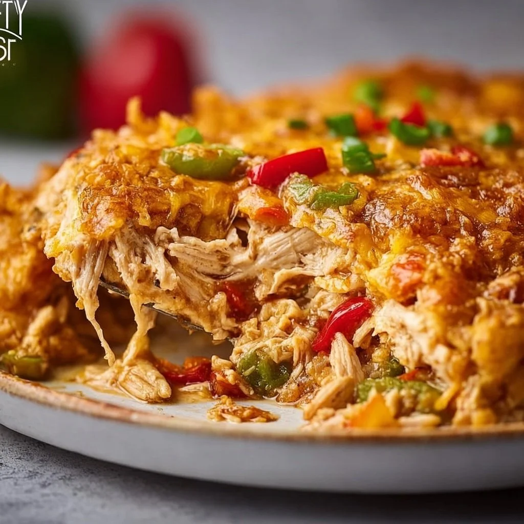 Delicious Chicken Fajita Casserole topped with colorful peppers and cheese