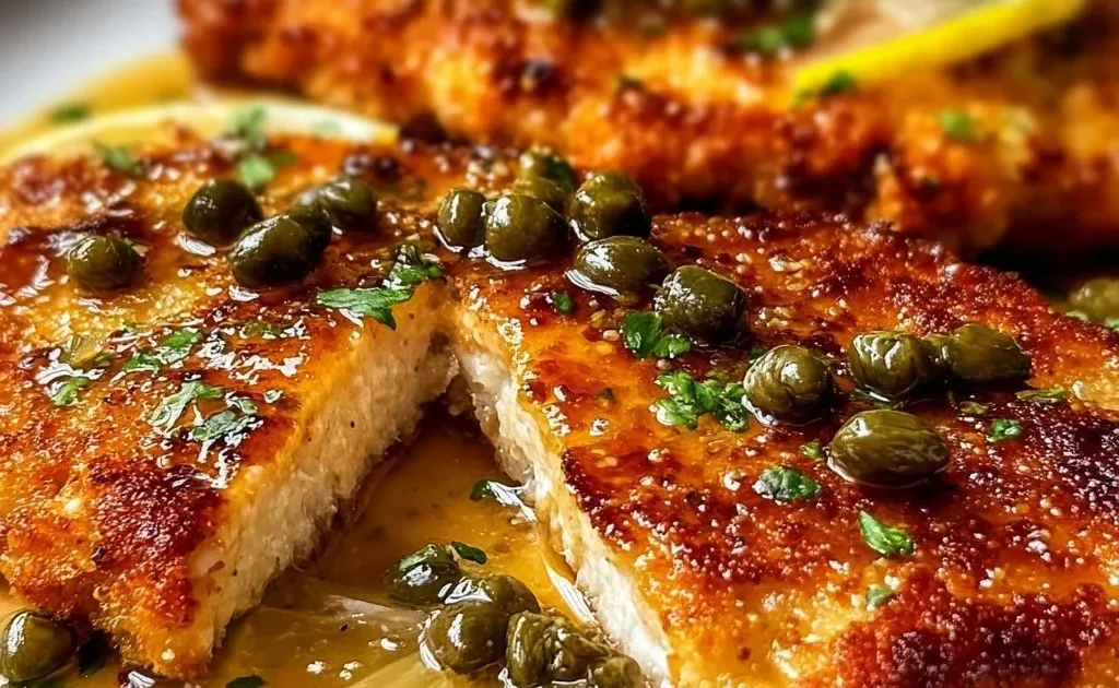Plate of Chicken Piccata with lemon slices and capers garnished