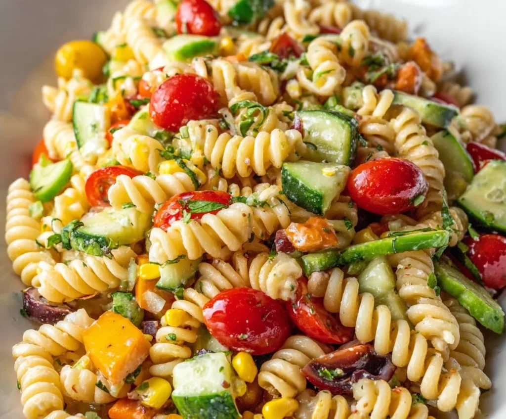 Colorful chickpea pasta salad with fresh vegetables and herbs