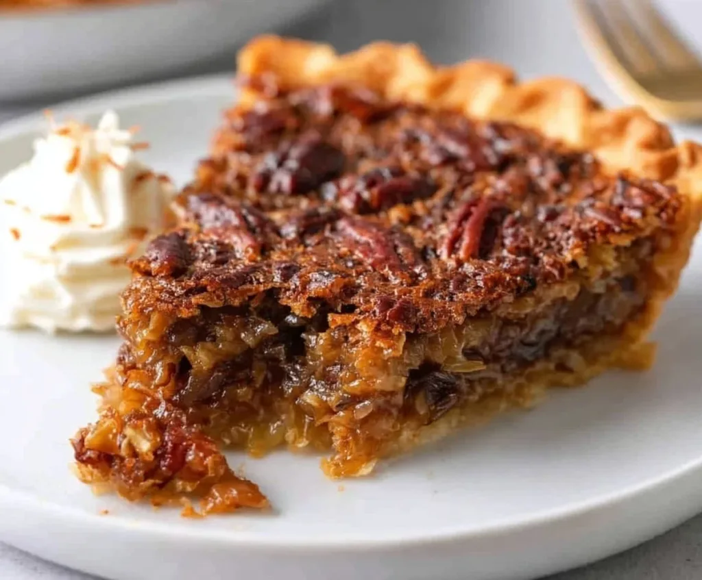 Sliced Chocolate Coconut Pecan Pie topped with coconut and pecans