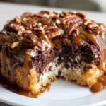Delicious Chocolate Turtle Cake topped with caramel and nuts