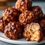 Festive Christmas Chocolate Rice Krispie Balls on a decorative plate