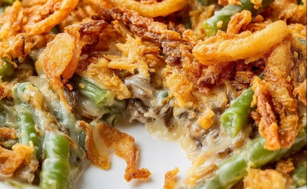 Classic Green Bean Casserole with crispy onions and creamy sauce