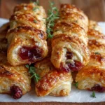 Cranberry Brie Puff Pastry twists with thyme on a wooden board