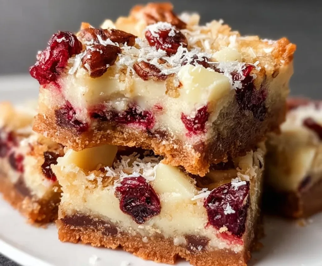 Cranberry White Chocolate Magic Bars stacked on a plate, a delicious dessert treat