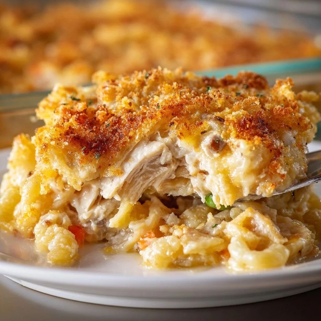 Delicious Dot's Chicken Noodle Casserole served in a baking dish