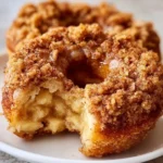 Freshly baked apple crumb donuts on a wooden table