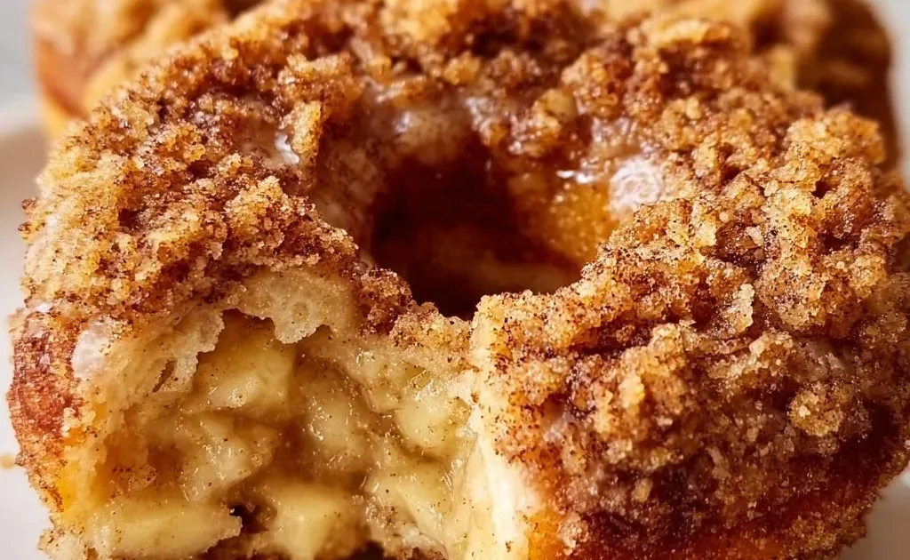 Freshly baked apple crumb donuts on a wooden table
