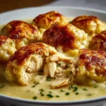 Bowl of easy chicken and dumplings with fresh herbs