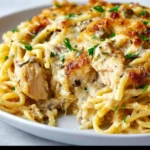 A delicious serving of easy chicken tetrazzini garnished with parsley