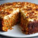 Flourless cottage cheese carrot cake served on a plate with fresh carrots