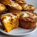 Flourless Pumpkin Cheesecake Swirl Muffins with pumpkin spices and cream cheese topping