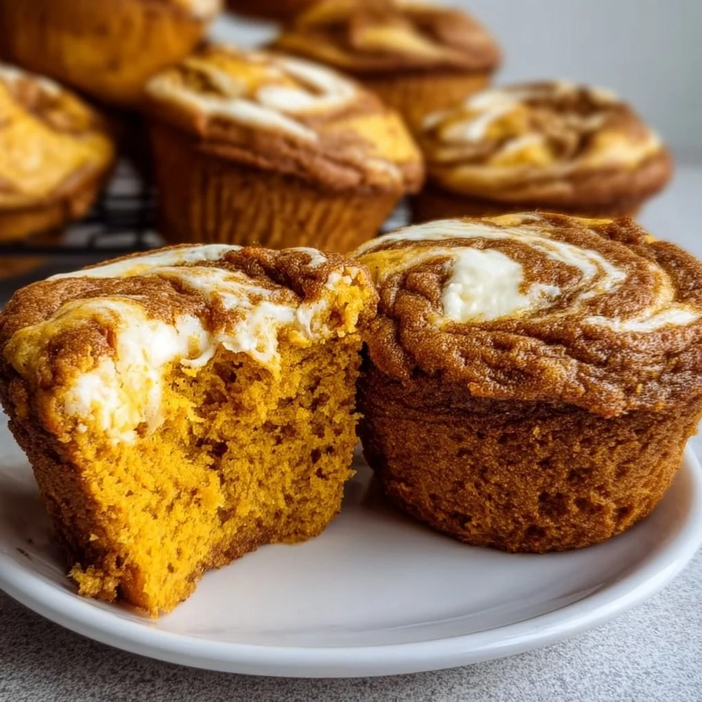 Flourless Pumpkin Cheesecake Swirl Muffins with pumpkin spices and cream cheese topping