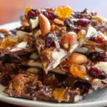 Delicious fruit and nut chocolate bark made with rich chocolate, nuts, and dried fruits.
