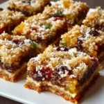 Delicious Fruit Cake 7-Layer Bars with colorful layers and toppings
