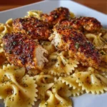 Delicious Garlic Butter Chicken served with bowtie pasta on a plate