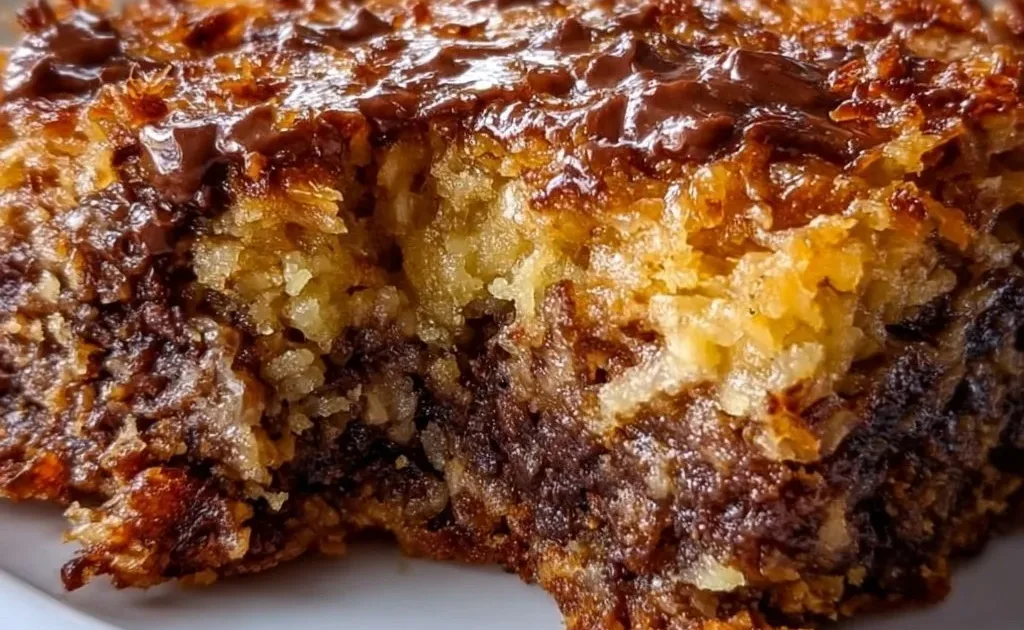 Delicious slice of German Chocolate Dump Cake topped with coconut and pecans