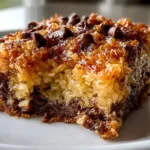 Delicious slice of German Chocolate Dump Cake topped with coconut frosting