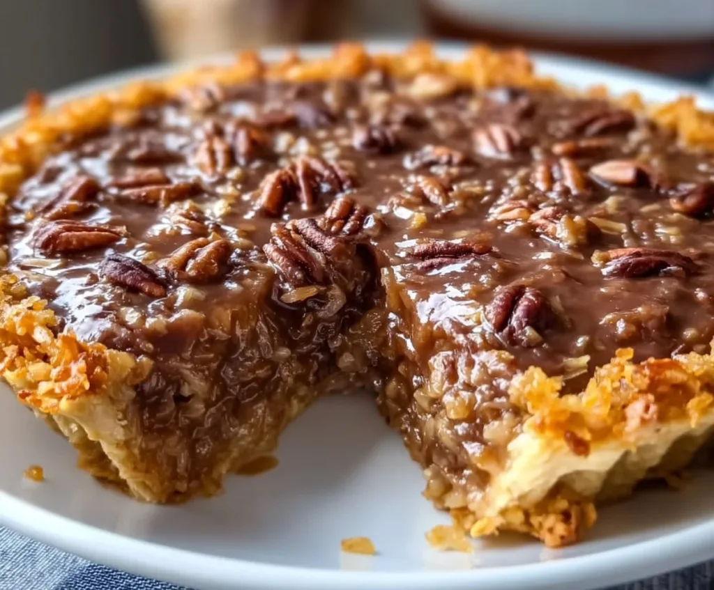 Delicious German Chocolate Pie with chocolate, coconut, and pecans on a dessert plate