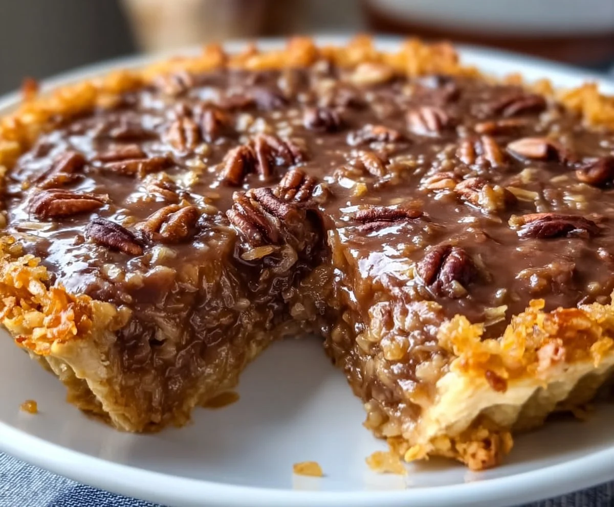 Delicious German Chocolate Pie with chocolate, coconut, and pecans on a dessert plate