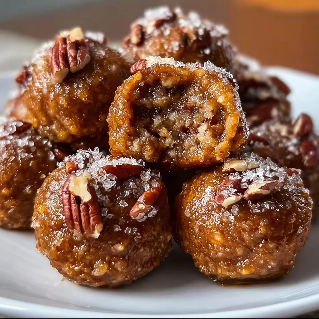 Delicious homemade Grandma's pecan pie balls arranged on a plate.