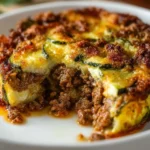 Low carb Ground Beef Zucchini Bake topped with cheese and herbs in a baking dish.