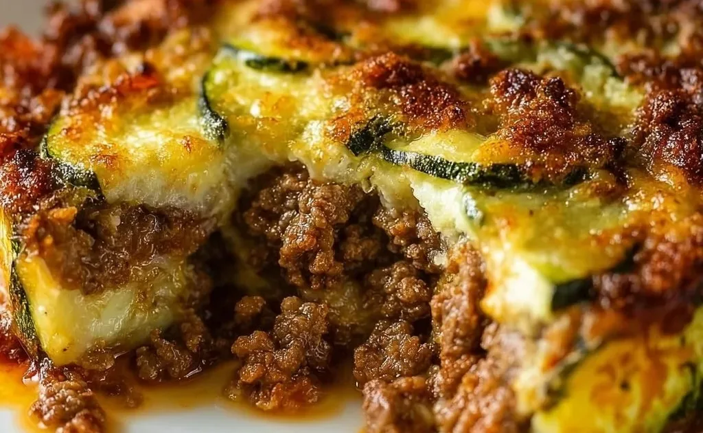 Low carb Ground Beef Zucchini Bake topped with cheese and herbs in a baking dish.