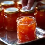 Jar of homemade peach jam on a kitchen countertop with fresh peaches