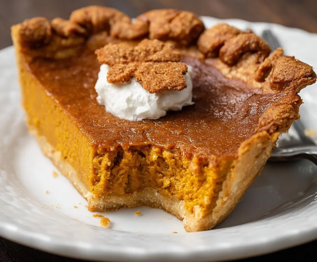 Delicious homemade pumpkin pie topped with whipped cream on a rustic wooden table