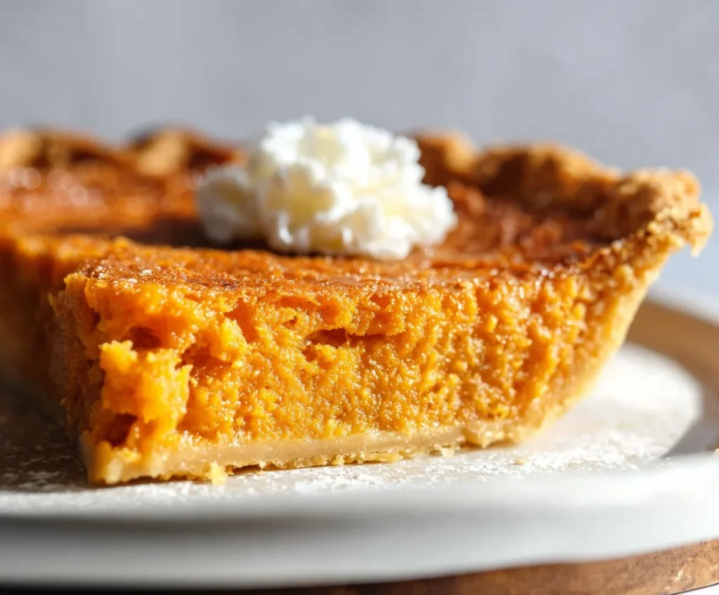 Slice of homemade sweet potato pie with whipped cream on top