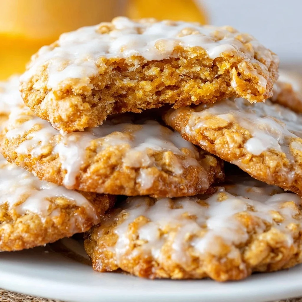 Frosted iced oatmeal cookies on a plate ready to enjoy