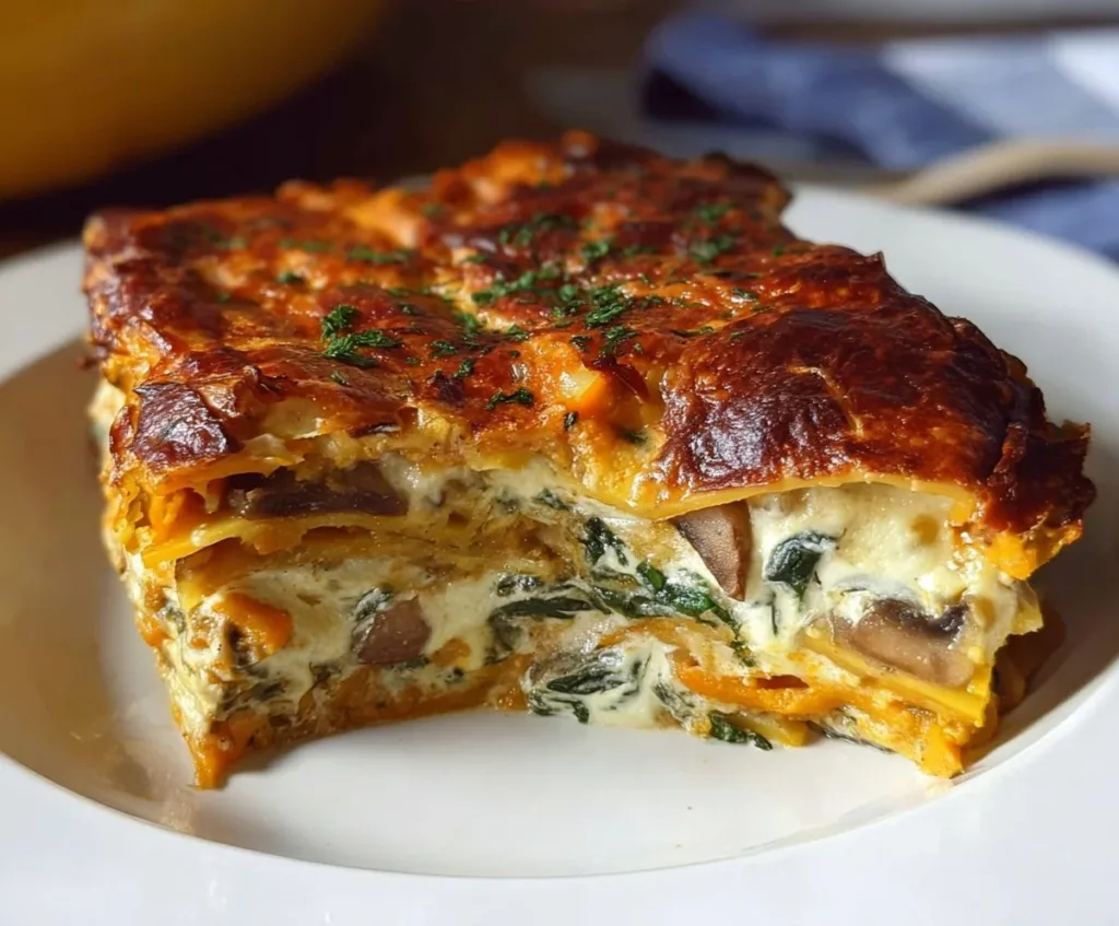 Invisible butternut squash lasagna with spinach and mushrooms in a baking dish