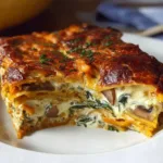 Invisible butternut squash lasagna with spinach and mushrooms in a baking dish