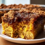 Delicious Keto Pumpkin Crunch Cake topped with crunchy pecans and pumpkin spice