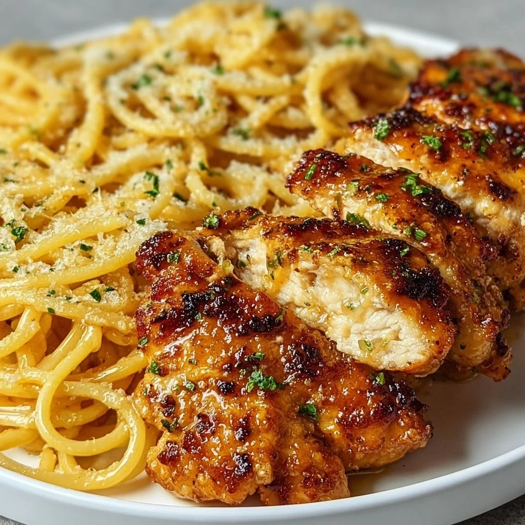 Lemon Garlic Butter Chicken served with creamy Parmesan pasta on a plate.