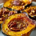 Maple Pecan Roasted Acorn Squash served on a plate garnished with pecans