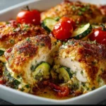 Mediterranean Chicken Zucchini Bake with fresh ingredients in a baking dish