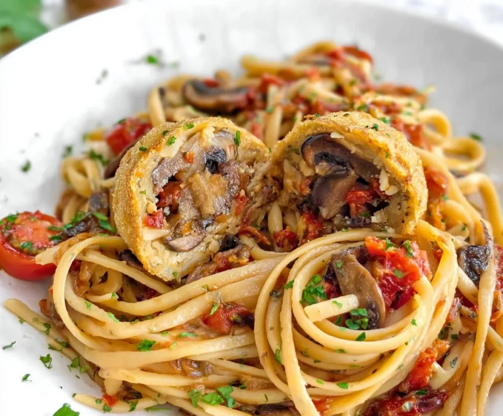 Delicious mushroom and tomato pasta served in a bowl
