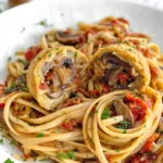 Delicious mushroom and tomato pasta served in a bowl
