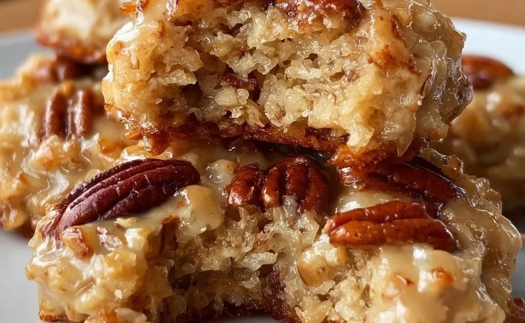No-bake coconut pecan praline cookies on a plate, ready to enjoy