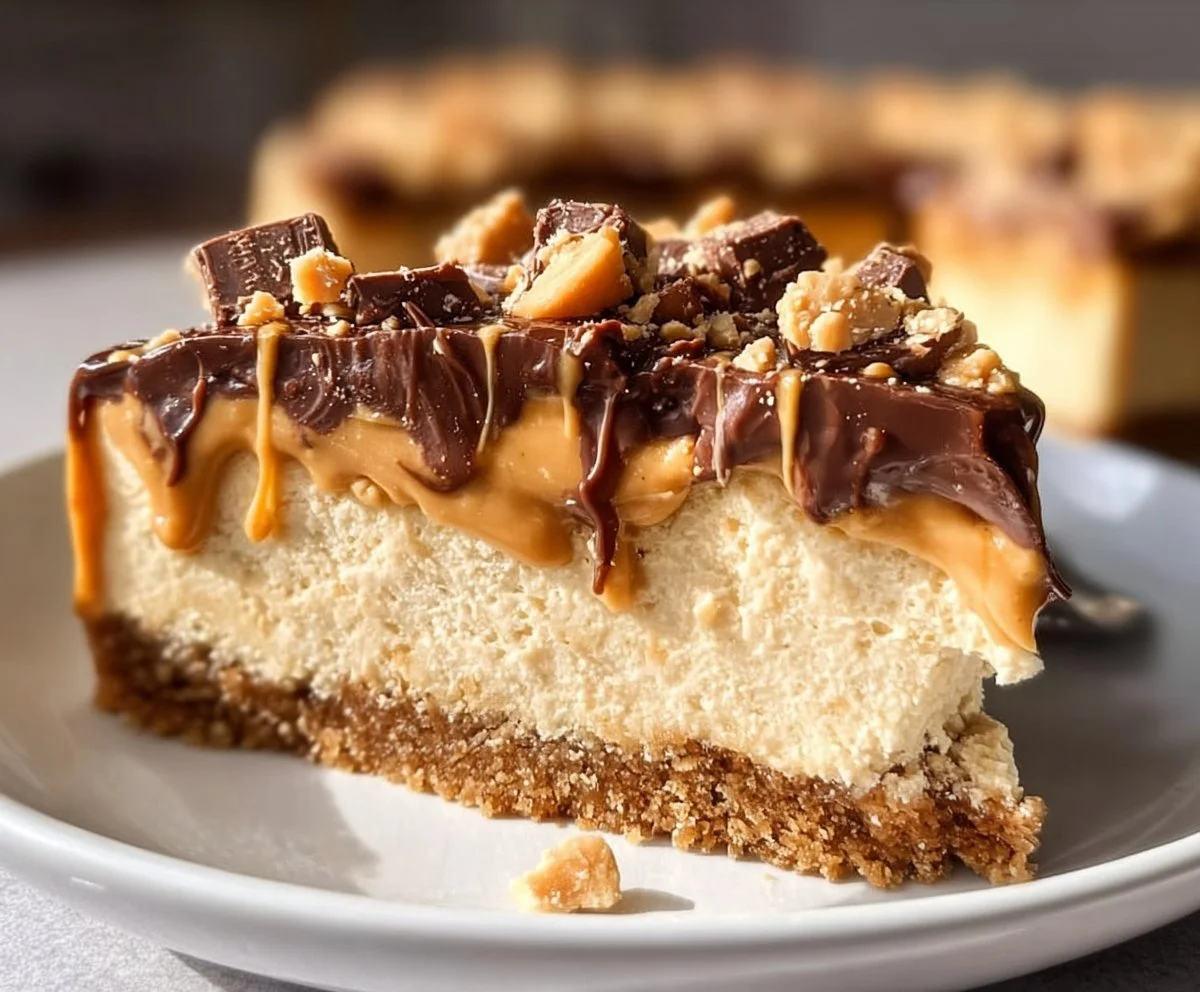Delicious no-bake peanut butter cheesecake topped with chocolate drizzle
