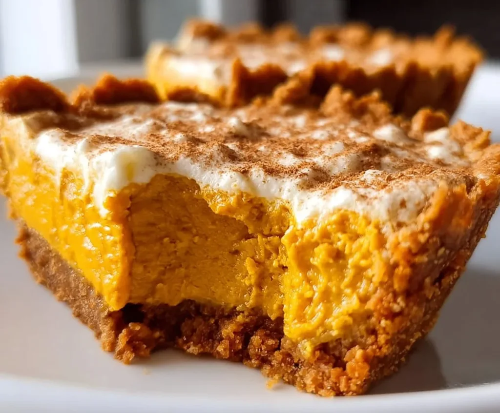 Delicious no bake pumpkin pie topped with whipped cream and cinnamon.