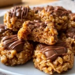 Delicious no bake Reese's Krispy Cookies on a plate, made with chocolate and peanut butter.