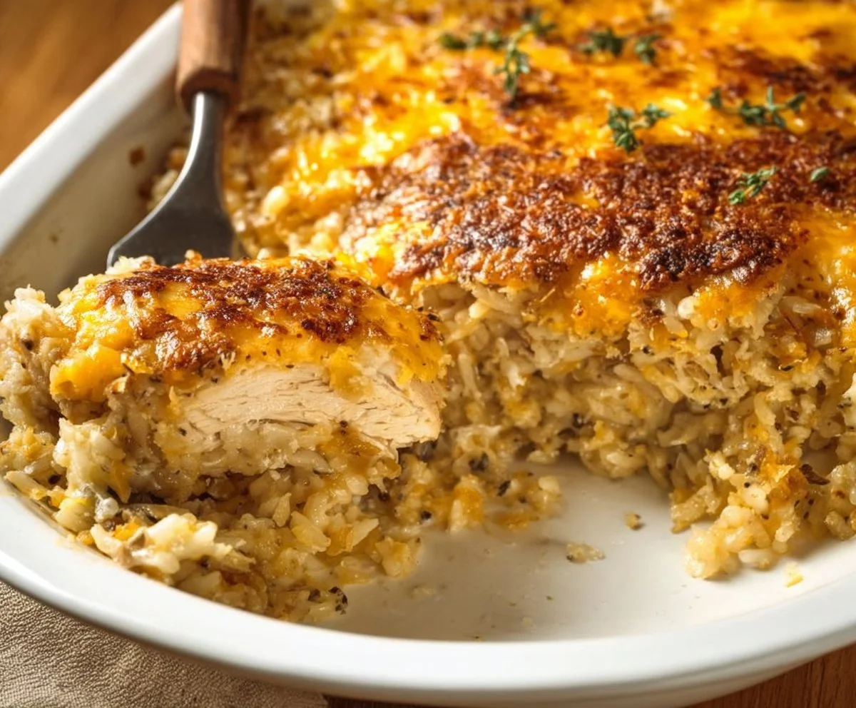 No-Peek Chicken and Rice Casserole prepared with savory chicken and rice