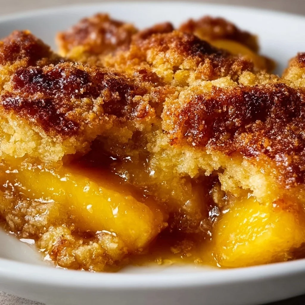 A delicious serving of Old-Time Oven Peach Cobbler with a golden crust.