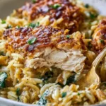 One-Pan Monterey Chicken Orzo with grilled chicken, fresh vegetables, and orzo pasta