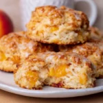 Freshly baked Peach Buttermilk Biscuits with slices of peach