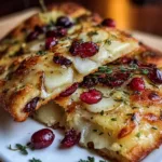 Pear, Brie, and Cranberry flatbread topped with fresh thyme